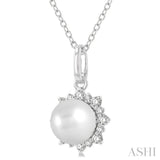 6 MM Round Shape Cultured Pearl and 1/10 Ctw Petite Sun Round Cut Diamond Fashion Pendant With Chain in 10K White Gold
