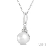 6 MM Round Shape Cultured Pearl and 1/50 Ctw Round Cut Diamond Petite Fashion Pendant With Chain in 10K White Gold