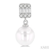 6 MM Cultured Pearls and 1/10 Ctw Baguette and Single Cut Diamond Earrings in 10K White Gold