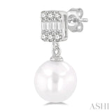 6 MM Cultured Pearls and 1/10 Ctw Baguette and Single Cut Diamond Earrings in 10K White Gold