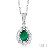 6X4 MM Pear Cut Emerald and 1/4 Ctw Round Cut Diamond Precious Pendant With Chain in 14K White Gold