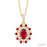 6X4 MM Oval Cut & 1.55 MM Round Cut Ruby and 1/4 Ctw Round Cut Diamond Floral Precious Pendant With Chain in 14K Yellow Gold