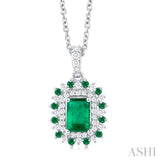 6X4 MM Emerald Cut & 1.55 MM Round Cut Emerald and 1/5 Ctw Round Cut Diamond Floral Precious Pendant With Chain in 14K White Gold