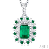 6X4 MM Emerald Cut & 1.55 MM Round Cut Emerald and 1/5 Ctw Round Cut Diamond Floral Precious Pendant With Chain in 14K White Gold