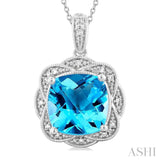 10X10 MM Cushion Shape Blue Topaz and 1/20 Ctw Round Cut Diamond Semi-Precious Pendant With Chain in Sterling Silver
