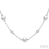 5 MM Round Shape Cultured Pearls and 1/4 Ctw Round Cut Diamond Station Necklace in 14K White Gold