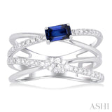 5x3 MM Emerald Shape Sapphire and 1/4 Ctw Single Cut Diamond Double Criss-Cross Lovebright Precious Ring in 10K White Gold