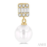 6 MM Cultured Pearls and 1/10 Ctw Baguette and Single Cut Diamond Earrings in 10K Yellow Gold