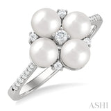 5x5 MM Round Shape Floral Cultured Pearls and 1/6 Ctw Round Cut Diamond Fashion Ring in 10K White Gold
