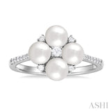 5x5 MM Round Shape Floral Cultured Pearls and 1/6 Ctw Round Cut Diamond Fashion Ring in 10K White Gold