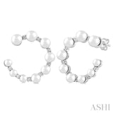 2.8 - 4.5 MM Round Shape Cultured Pearls and 1/5 Ctw Graduated Round Cut Diamond Half Hoop Earring in 14K White Gold