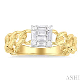 1/4 Ctw Fusion Baguette and Round Cut Diamond Curb & Cuban Link Fashion Ring in 14K Yellow Gold