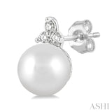 5.5 MM Round Cut Cultured Pearl and 1/20 Ctw Petite Round Cut Diamond Fashion Stud Earring in 10K White Gold
