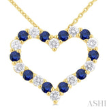 2.3 MM Round Cut Sapphire and 1/2 Ctw Open Heart Round Cut Diamond Precious Fashion Pendant With Chain in 14K Yellow Gold