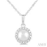 5 MM Cultured White Pearl and 1/20 Ctw Single Cut Diamond Halo Pendant With Chain in 10K White Gold