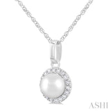 5 MM Cultured White Pearl and 1/20 Ctw Single Cut Diamond Halo Pendant With Chain in 10K White Gold