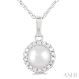 5 MM Cultured White Pearl and 1/20 Ctw Single Cut Diamond Halo Pendant With Chain in 10K White Gold