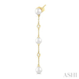 5 MM Round Shape Cultured Pearls and 1/10 Ctw Round Cut Diamond Station Long Earring in 14K Yellow Gold