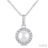5 MM Cultured White Pearl and 1/20 Ctw Single Cut Diamond Halo Pendant With Chain in 14K White Gold
