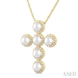 4 MM Cross Cultured Pearl and 1/3 Ctw Round Cut Diamond Fashion Pendant With Chain in 14K Yellow Gold
