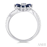 4X3 MM Pear Cut Floral Blossom Sapphire and 1/5 Ctw Round Cut Diamond Bypass Precious Ring in 14K White Gold