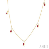 5x3 MM Pear Shape Ruby and 1/8 Ctw Round Cut Diamonds Precious Station Necklace in 10K Yellow Gold