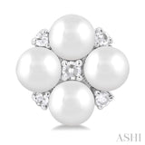 3 MM Floral Round Shape Cultured Pearl and 1/20 Ctw Round Cut Diamond Fashion Stud Earring in 10K White Gold