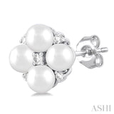 3 MM Floral Round Shape Cultured Pearl and 1/20 Ctw Round Cut Diamond Fashion Stud Earring in 10K White Gold