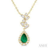 6x4 MM Pear Cut Emerald and 1/5 Ctw Scatter Baguette & Single Cut Halo Diamond Precious Pendant With Chain in 10K Yellow Gold
