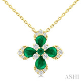 4x3 MM Pear and 2 MM Round Emerald and 1/6 Ctw Round Cut Diamond Floral Blossom Precious Pendant With Chain in 14K Yellow Gold