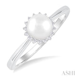 6 MM Round Shape Cultured Pearl and 1/10 Ctw Petite Round Cut Diamond Floral Halo Fashion Ring in 10K White Gold