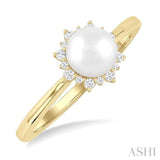 6 MM Round Shape Cultured Pearl and 1/10 Ctw Petite Round Cut Diamond Sunburst Halo Fashion Ring in 10K Yellow Gold