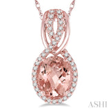 8x6 MM Oval Cut Morganite and 1/6 Ctw Round Cut Diamond Entwined Semi-Precious Pendant in 14K Rose Gold with chain