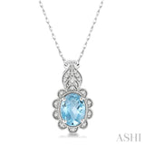 8x6 MM Floral Oval Cut Aquamarine and 1/10 Ctw Round Cut Diamond Semi-Precious Pendant With Chain in 10K White Gold