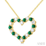 2.3 MM Round Cut Emerald and 1/2 Ctw Open Heart Round Cut Diamond Precious Fashion Pendant With Chain in 14K Yellow Gold