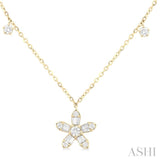 3/8 Ctw Floral Dangle Baguette and Round Cut Diamond Station Necklace in 10K Yellow Gold