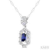 5x3 MM Emerald Cut Sapphire and 1/3 Ctw Baguette & Round Cut Diamond Precious Fashion Pendant With Chain in 14K White Gold