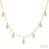 1/3 Ctw Pear Shaped Danglers Fusion Baguette and Round Cut Diamond Station Necklace in 10K Yellow Gold