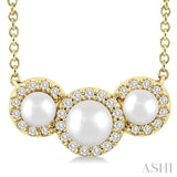 1/8 Ctw Past, Present & Future 4MM & 3MM Cultured Pearl and Round Cut Diamond Halo Pendant With Chain in 14K Yellow Gold