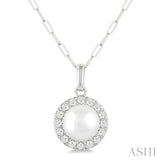 6 MM Cultured White Pearl and 1/6 Ctw Single Cut Diamond Halo Pendant With Chain in 10K White Gold