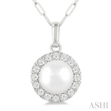 6 MM Cultured White Pearl and 1/6 Ctw Single Cut Diamond Halo Pendant With Chain in 10K White Gold
