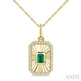 4X3 MM Octagon Shape Emerald and 1/8 Ctw Round Cut Diamond Precious Fluted Medallion Pendant in 10K Yellow Gold with Chain