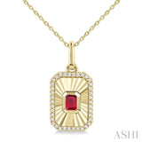 4X3 MM Octagon Shape Ruby and 1/8 Ctw Round Cut Diamond Precious Fluted Medallion Pendant in 10K Yellow Gold with Chain
