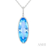 26x10 MM Oval Cut Blue Topaz and 1/3 Ctw Round Cut Diamond Semi-Precious Pendant With Chain in 14K White Gold