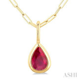 6x4 MM Bezel Set Pear Cut Ruby Precious Fashion Pendant With Paperclip Chain in 14K Yellow Gold