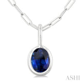 6x4 MM Bezel Set Oval Cut Sapphire Precious Fashion Pendant With Paperclip Chain in 14K White Gold