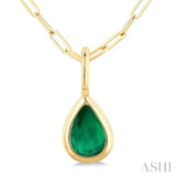 6x4 MM Bezel Set Pear Cut Emerald Precious Fashion Pendant With Paperclip Chain in 10K Yellow Gold