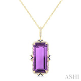 22x10 MM Emerald Cut Amethyst and .80 MM Sapphire & 1/5 Ctw Round Cut Diamond Halo Precious & Semi-Precious Pendant With Chain in 14K Yellow Gold