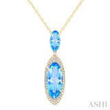 18x8 MM & 10x5 MM Oval Cut Blue Topaz and 1/3 Ctw Round Cut Diamond Halo Semi-Precious Pendant With Chain in 14K Yellow Gold