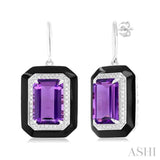 12x8 MM Emerald Cut Amethyst and 1/3 Ctw Round Cut Diamond Halo & Black Enamel Border Semi-Precious Earrings in 14K White Gold